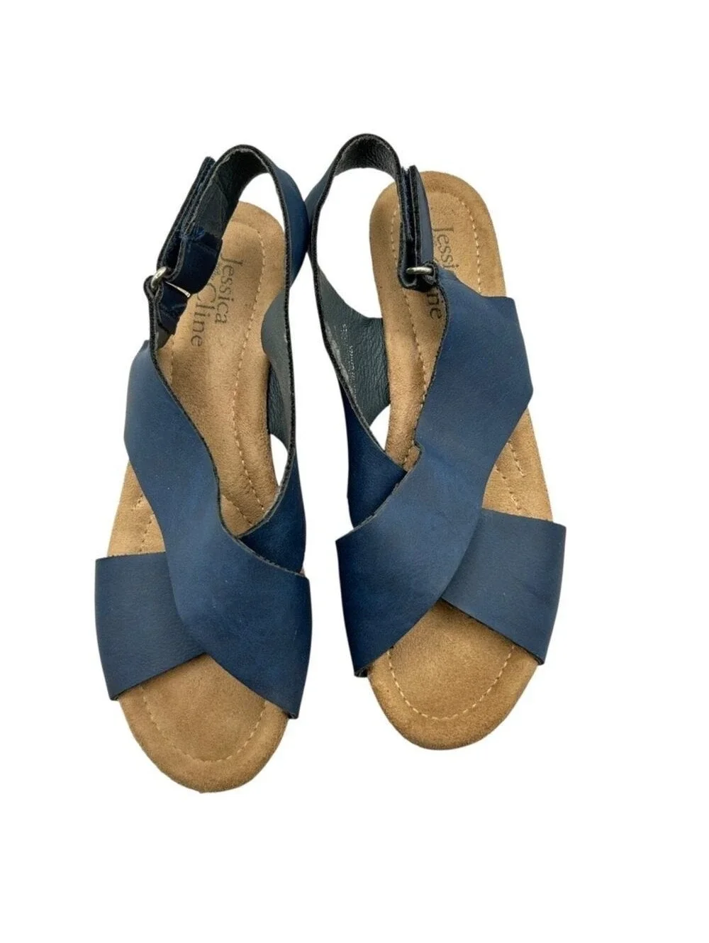Jessica Cline Navy Blue Wedge Sandals Cork Platform Slingback Women's Size 8.5M